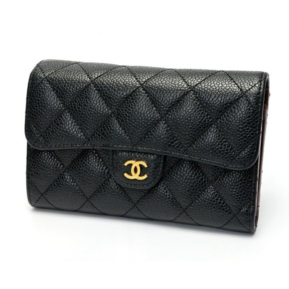 CHANEL Matelasse Medium Flap Wallet Tri-fold AP0232 Caviar Skin Black S-158191